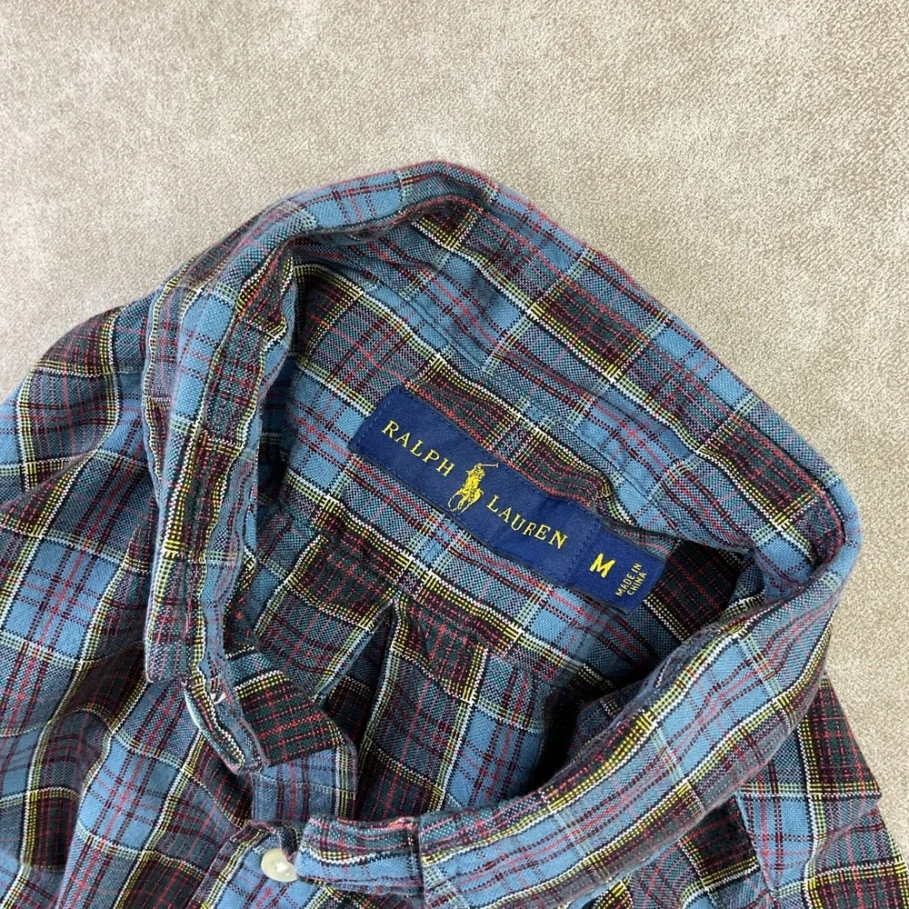 Polo Ralph Lauren Shirt Men Sz M Long Sleeve Plaid Check Button Front Blue Pony